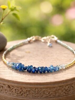 New Natural Green Blue Sapphire Bracelet Solid 14K Gold , 5th 45th Anniversary